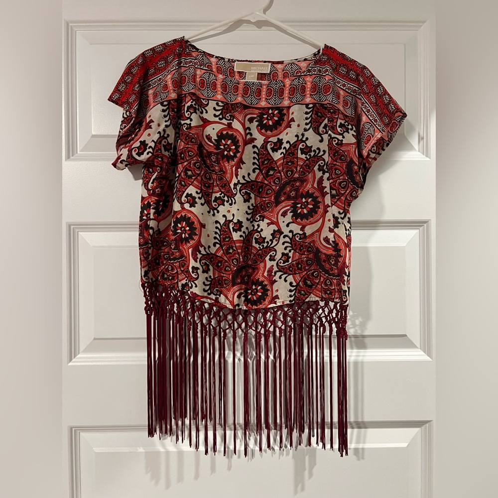 Michael Kors Red and White Fringe Tunic